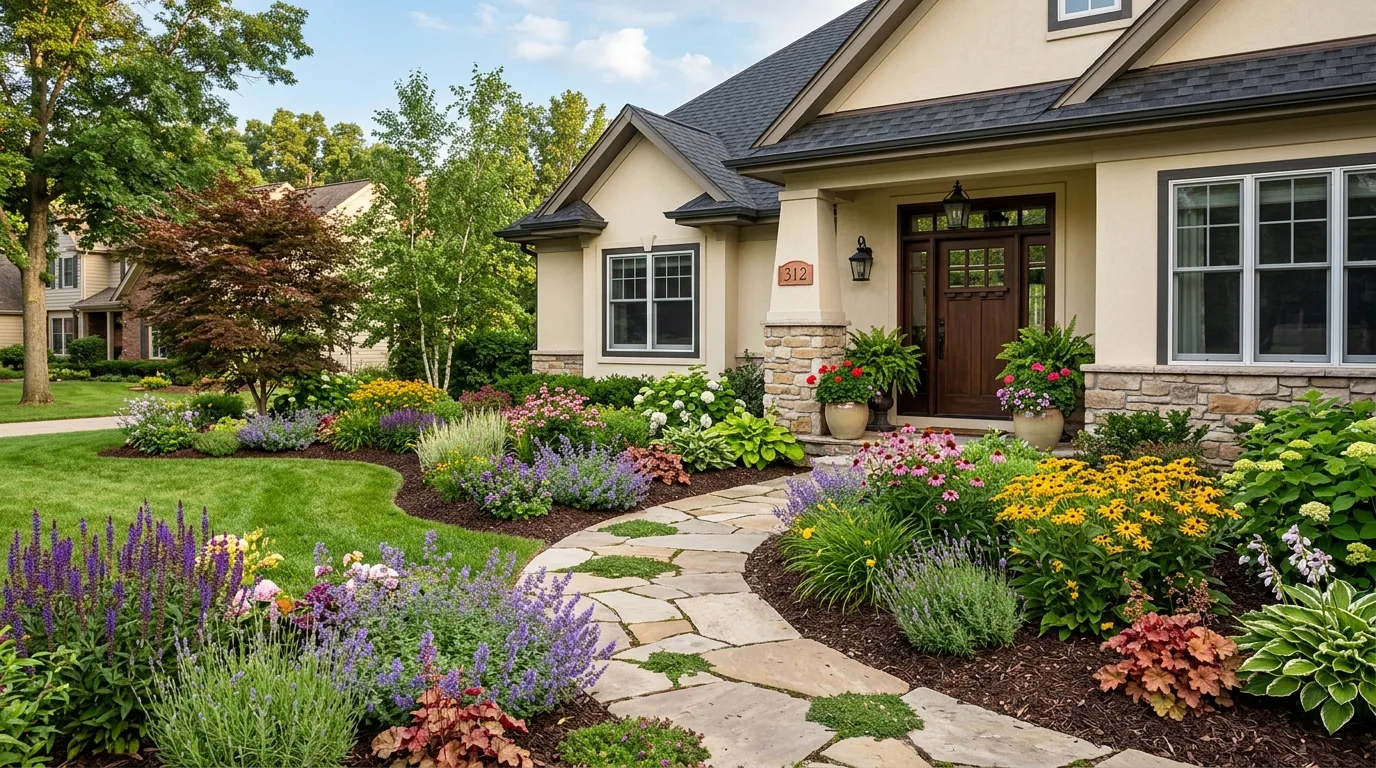 Frame the entry with stronger visual weight inspiration for a front yard landscape.